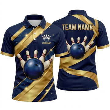Maxcorners Bowling Polo Shirt Luxury Ribbon Waves Sparkles Stars Elegant Pattern Ball Pins Multi Options Personalized Name, Team Name Unisex 3D Shirt
