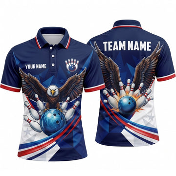 Maxcorners Bowling Polo Shirt American Patriotic Bald Eagle Wings Stars Geometric Stripes Ball Pins Multi Options Personalized Name, Team Name Unisex 3D Shirt