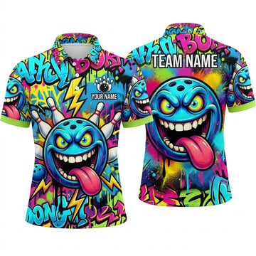 Maxcorners Bowling Polo Shirt Crazy Monster Character Tongue Out Graffiti Street Art Lightning Ball Pins Multi Options Personalized Name, Team Name Unisex 3D Shirt