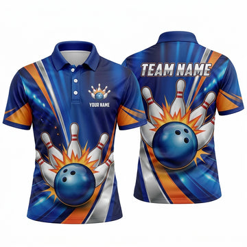 Maxcorners Bowling Polo Shirt Dynamic Speed Lines Starburst Explosion Curved Stripes Ball Pins Multi Options Personalized Name, Team Name Unisex 3D Shirt