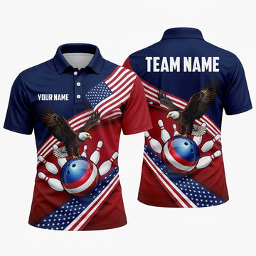 Maxcorners Bowling Polo Shirt American USA Flag Stars Stripes Bald Eagle Feathers Ball Pins Multi Options Personalized Name, Team Name Unisex 3D Shirt