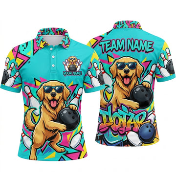 Maxcorners Bowling Polo Shirt Golden Retriever Dog Sunglasses Graffiti Street Art Geometric Triangles Ball Pins Multi Options Personalized Name, Team Name Unisex 3D Shirt