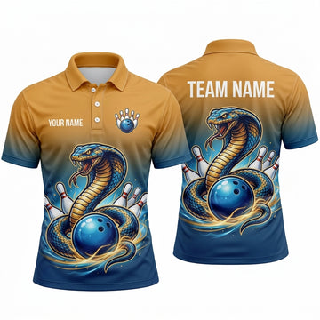 Maxcorners Bowling Polo Shirt Fierce Cobra Snake Viper Serpent Coiled Energy Gradient Ball Pins Multi Options Personalized Name, Team Name Unisex 3D Shirt