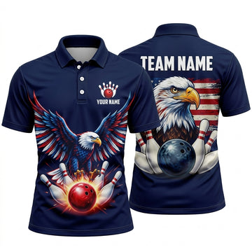 Maxcorners Bowling Polo Shirt Patriotic Bald Eagle American Flag Wings Spread Fire Burst Ball Pins Multi Options Personalized Name, Team Name Unisex 3D Shirt