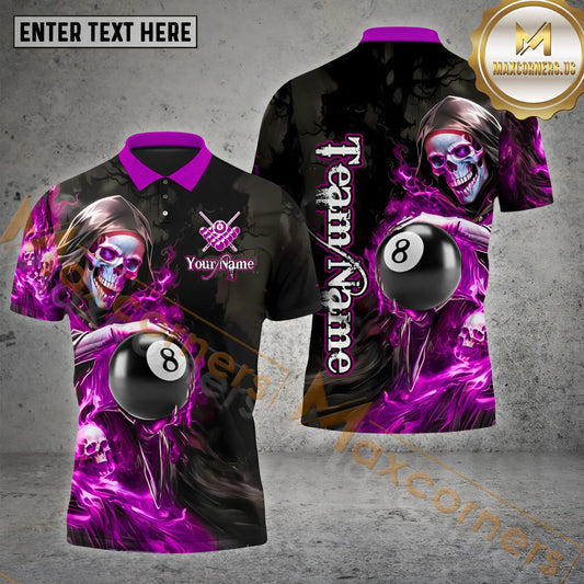 Maxcorners Flame Grim Reaper Holding 8 Ball Billiard Jersey Multicolor Options Personalized Name, Team Name 3D Polo Shirt (4 Colors)