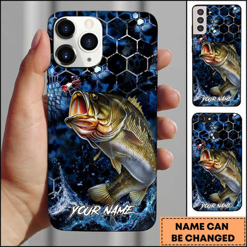 Maxcorners Bass Fishing Phone Case Blue Ocean Hexagon Lure Art Design Custom Angler Name Phone Case (12 Fish Species)