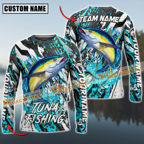 Maxcorners Tuna Fishing Cyan Color Pattern Sun Protection Personalized Name Team Name 3D Shirts