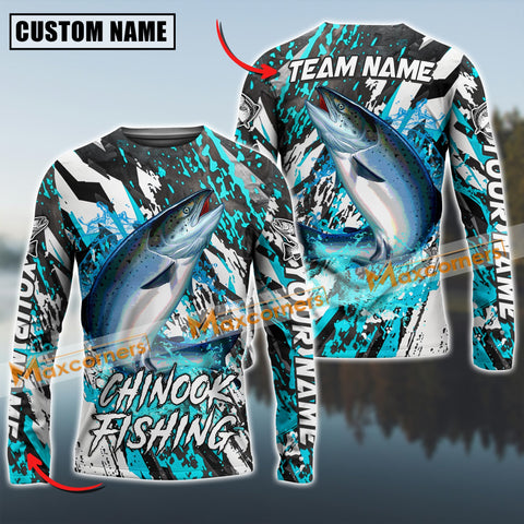 Maxcorners Chinook Fishing Cyan Color Pattern Sun Protection Personalized Name Team Name 3D Shirts