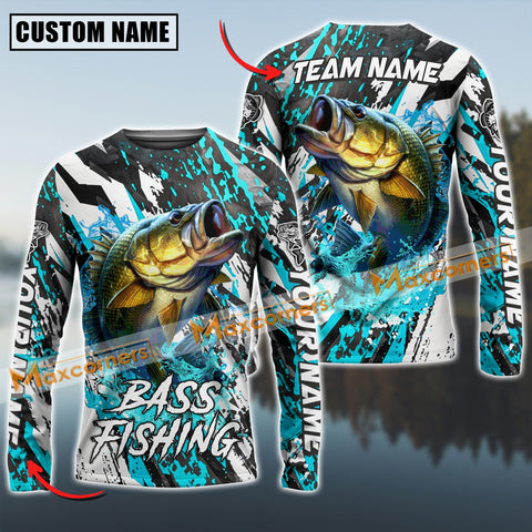 Maxcorners Bass Fishing Cyan Color Pattern Sun Protection Personalized Name Team Name 3D Shirts