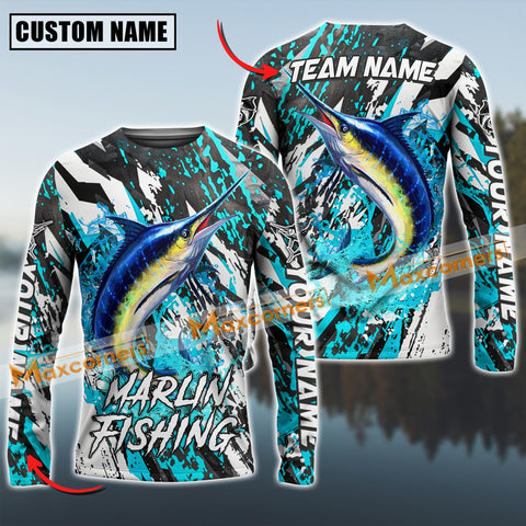 Maxcorners Marlin Fishing Cyan Color Pattern Sun Protection Personalized Name Team Name 3D Shirts