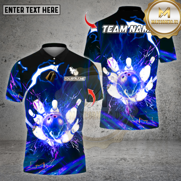 Maxcorners Bowling ShirtsThunder Light Bowling Design, Personalized Bowling Polo for Men Women, Personalized Name Team 3D Shirt