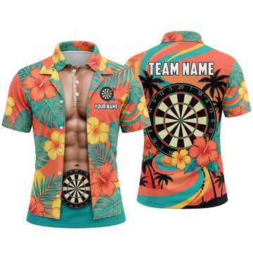 Maxcorners Darts Polo Shirt Six Pack Abs Hairy Chest Open Hawaiian Beach Shirt Hibiscus Flowers Palm Trees Target Board Multi Options Personalized Name, Team Name Unisex 3D Shirt