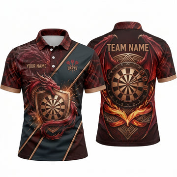 Maxcorners Darts Polo Shirt Fiery Red Dragon Crest Shield Flame Aura Geometric Lines Target Board Multi Options Personalized Name, Team Name Unisex 3D Shirt