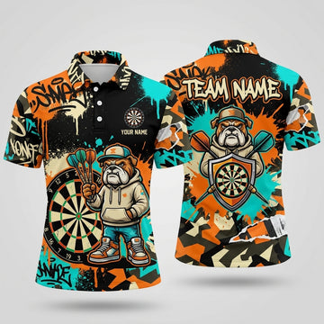 Maxcorners Darts Polo Shirt Cool Bulldog Mascot Hoodie Cap Shield Crest Street Art Graffiti Splatter Multi Options Personalized Name, Team Name Unisex 3D Shirt