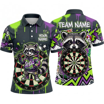 Maxcorners Darts Polo Shirt Cute Raccoon Mascot Headphones Hoodie Paint Splatter Stars Target Board Multi Options Personalized Name, Team Name Unisex 3D Shirt