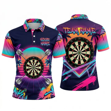 Maxcorners Darts Polo Shirt Retro Synthwave Grid Palm Trees Sunset Horizon Geometric Frame Target Board Multi Options Personalized Name, Team Name Unisex 3D Shirt