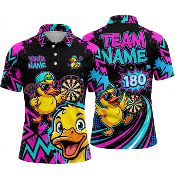 Maxcorners Darts Polo Shirt Cute Cool Duck Mascot Cap Sunglasses Graffiti Splatter Target Board Multi Options Personalized Name, Team Name Unisex 3D Shirt (5 Colors)