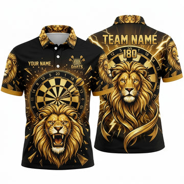 Maxcorners Darts Polo Shirt Powerful Roaring Lion King Mane Lightning Burst Target Board Multi Options Personalized Name, Team Name Unisex 3D Shirt (5 Colors)