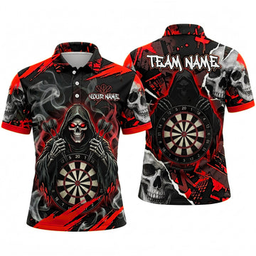 Maxcorners Darts Polo Shirt Grim Reaper Hooded Skeleton Ghost Smoke Fog Skulls Target Board Multi Options Personalized Name, Team Name Unisex 3D Shirt (5 Colors)