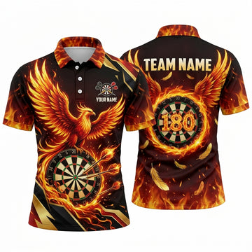 Maxcorners Darts Polo Shirt Flying Phoenix Wings Spread Flaming Feathers Glowing Target Board Multi Options Personalized Name, Team Name Unisex 3D Shirt (5 Colors)