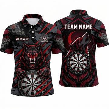 Maxcorners Darts Polo Shirt Angry Howling Wolf Mascot Claws Camo Pattern Smoke Target Board Multi Options Personalized Name, Team Name Unisex 3D Shirt (5 Colors)