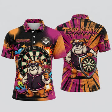 Maxcorners Darts Polo Shirt Cool Bulldog Mascot Letterman Jacket Sunglasses Street Art Target Board Multi Options Personalized Name, Team Name Unisex 3D Shirt