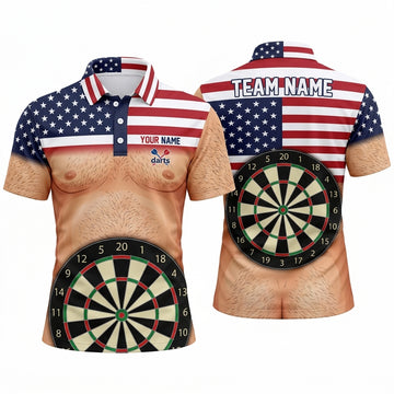 Maxcorners Darts Polo Shirt Hairy Chest American Flag Stars Stripes Target Board Multi Options Personalized Name, Team Name Unisex 3D Shirt