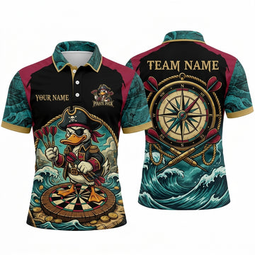 Maxcorners Darts Polo Shirt Pirate Duck Mascot Compass Rose Ocean Waves Gold Coins Target Board Multi Options Personalized Name, Team Name Unisex 3D Shirt