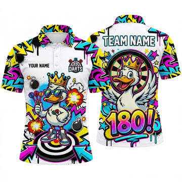 Maxcorners Darts Polo Shirt Cool Duck Mascot Crown Sunglasses Bomb Explosions Graffiti Target Board Multi Options Personalized Name, Team Name Unisex 3D Shirt