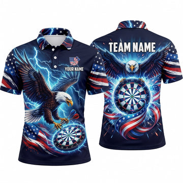 Maxcorners Darts Polo Shirt Majestic American Eagle Wings Spread USA Flag Lightning Strike Target Board Multi Options Personalized Name, Team Name Unisex 3D Shirt