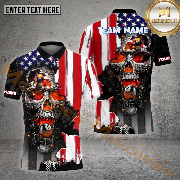 Maxcorners Billiard 8 Fire Skull Pattern Jersey Customized Name, Team Name 3D Polo Shirt