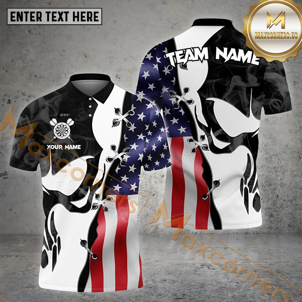 Maxcorners Darts Black White SKull USA Flag X Pattern Customized Name, Team Name 3D Polo Shirt