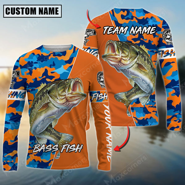 Maxcorner Bass Fishing Blue Orange Camo Pattern Personalized 3D Long Sleeve Shirt