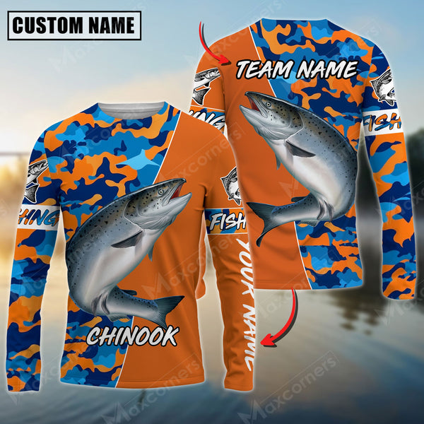 Maxcorner Chinook Fishing Blue Orange Camo Pattern Personalized 3D Long Sleeve Shirt