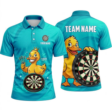 Maxcorners Darts Polo Shirt Funny Little Duck Mascot Crown Thumbs Up Target Board Multi Options Personalized Name, Team Name Unisex 3D Shirt (5 Colors)