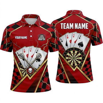 Maxcorners Darts Polo Shirt Four Aces Playing Cards Skull Crest Checkered Pattern Lightning Target Board Multi Options Personalized Name, Team Name Unisex 3D Shirt (5 Colors)