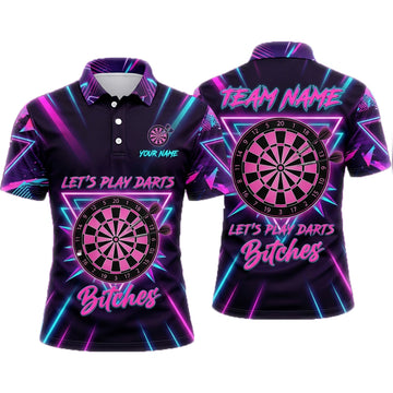 Maxcorners Darts Polo Shirt Let's Play Darts Text Retro Geometric Triangle Neon Rays Target Board Multi Options Personalized Name, Team Name Unisex 3D Shirt (5 Colors)