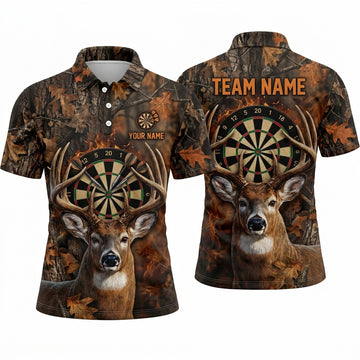 Maxcorners Darts Polo Shirt Hunting Buck Deer Antlers Forest Autumn Oak Leaves Flame Target Board Multi Options Personalized Name, Team Name Unisex 3D Shirt