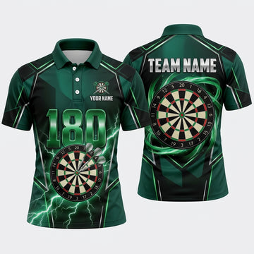 Maxcorners Darts Polo Shirt High Score Number 180 Lightning Bolt Strike Swirl Aura Target Board Multi Options Personalized Name, Team Name Unisex 3D Shirt