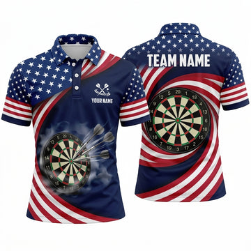 Maxcorners Darts Polo Shirt USA American Flag Stars Stripes Wavy Swirl Motion Target Board Multi Options Personalized Name, Team Name Unisex 3D Shirt