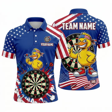 Maxcorners Darts Polo Shirt Cool Duck Mascot Headband Stars USA Flag Comic Burst Target Board Multi Options Personalized Name, Team Name Unisex 3D Shirt