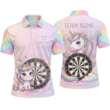 Maxcorners Darts Polo Shirt Cute Unicorn Pegasus Horn Sky Stars Hearts Clouds Target Board Multi Options Personalized Name, Team Name Unisex 3D Shirt