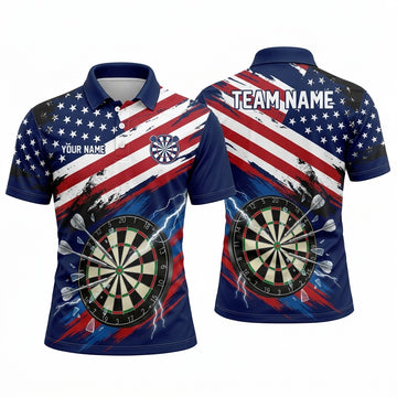Maxcorners Darts Polo Shirt USA American Flag Brush Stroke Stars Stripes Lightning Target Board Multi Options Personalized Name, Team Name Unisex 3D Shirt