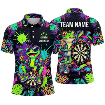 Maxcorners Darts Polo Shirt Cool Frog Mascot Sunglasses Tropical Leaves Paint Splatter Graffiti Target Board Multi Options Personalized Name, Team Name Unisex 3D Shirt