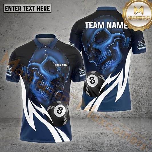 Maxcorners Billiard 8 Ball Skull Curve Flame Jersey Sport Multicolor Options Personalized Name, Team Name 3D Polo Shirt (4 Colors)