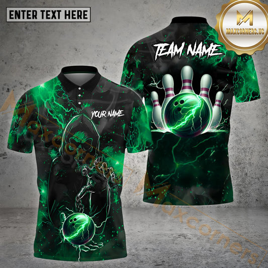 Maxcorners Skull Thunder Lightning Bowling Jersey Multicolor Customized Name, Team Name 3D Polo Shirt (4 Colors)