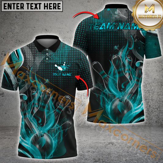 Maxcorners Bowling & Pins Flame Ball Dotted Pattern  Multicolor Option Customized Name, Team Name 3D Polo Shirt (4 Colors)