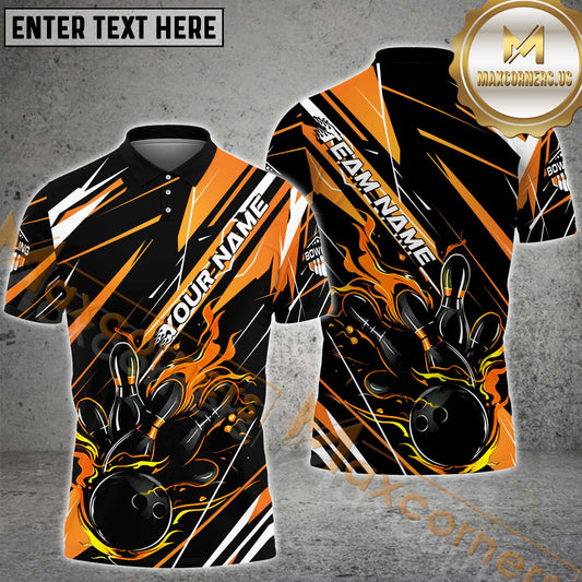 Maxcorners Bowling & Pins Flame Pattern  Multicolor Option Customized Name, Team Name 3D Polo Shirt (4 Colors)