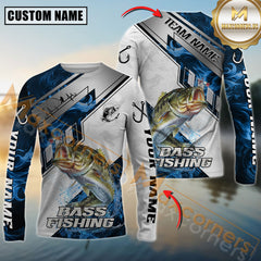 Maxcorners Bass Fishing Blue Flame With Silver Line Hook Design Pattern Sport Jersey Personalized Name, Team Name Long Sleeve Shirt