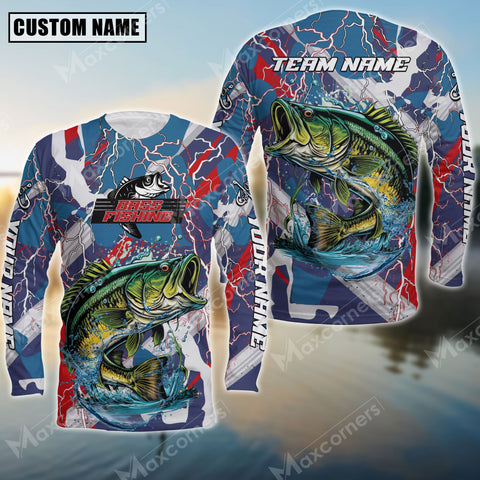 Maxcorner Large Mouth Bass Fishing Red, White And Blue Lightning Camo Pattern  Personalized 3D Long Sleeve Shirt